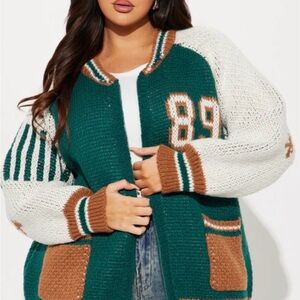 Fashion Nova Green and White Varsity Jacket